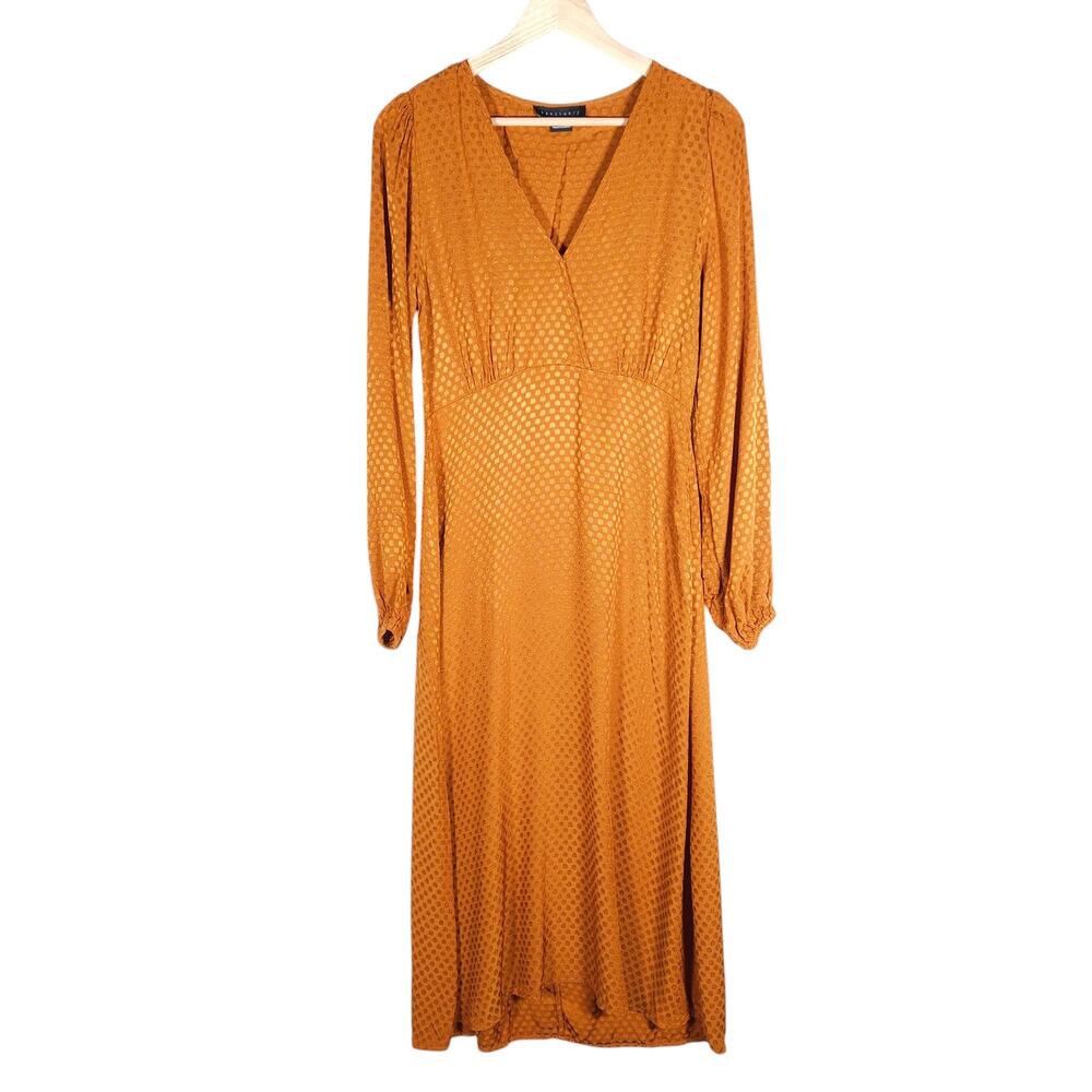 Sanctuary Rust Orange Polka Swiss Dot Dress 2 Boho Midi Long Sleeve Prairie